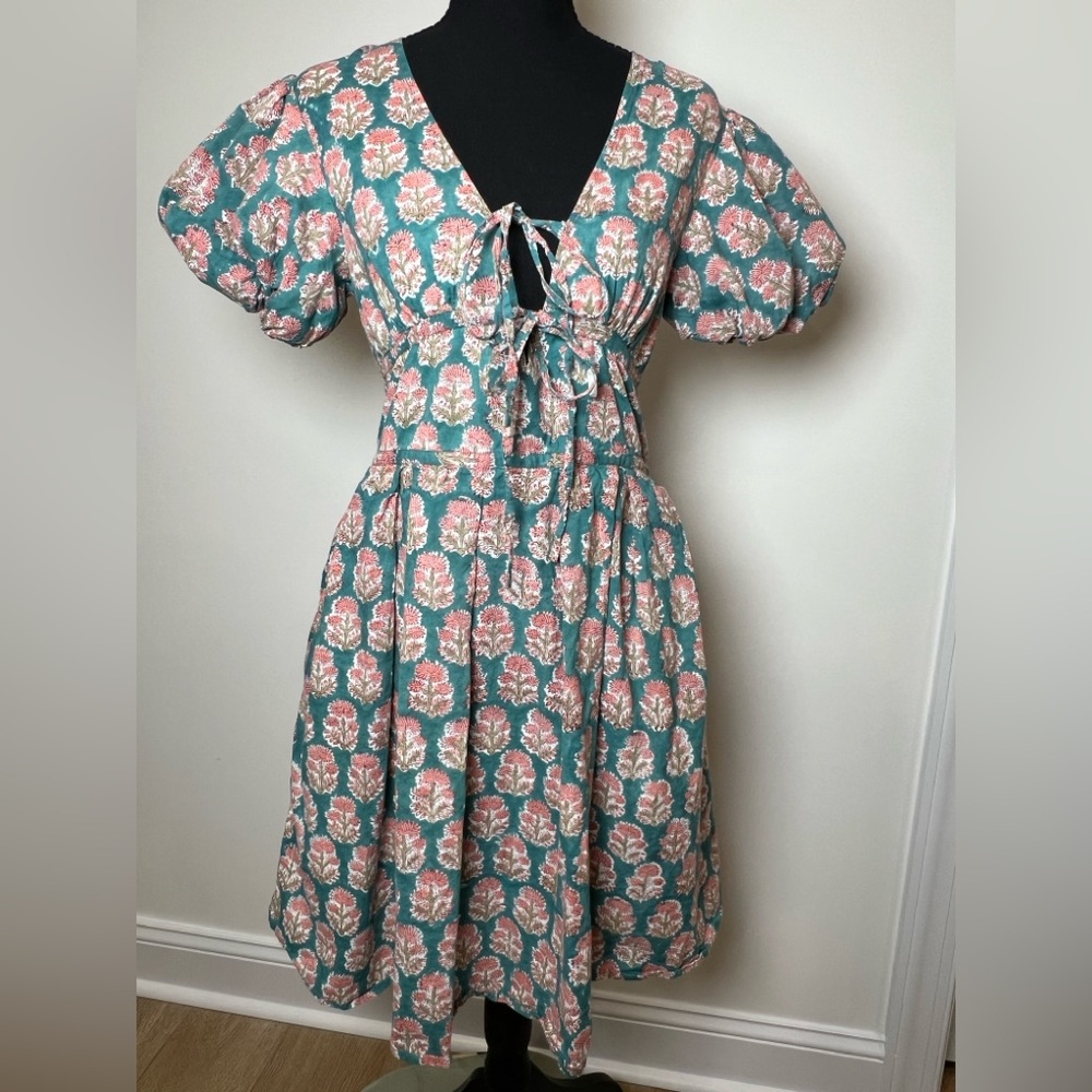 Grace Holiday Boutique Floral Midi Cotton Dress with Puff Sleeves Small